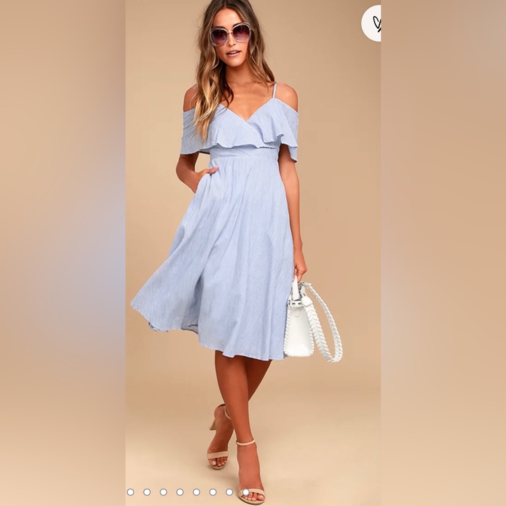 Yacht Rock Blue and White Striped Off-the-Shoulder Midi Dress by Lulu’s